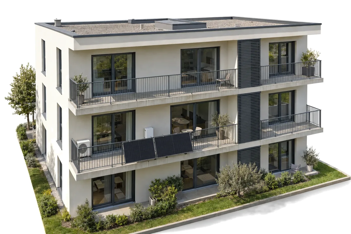 L'immeuble de l'application : un appartement, deux panneaux au balcon, sa batterie et sa climatisation