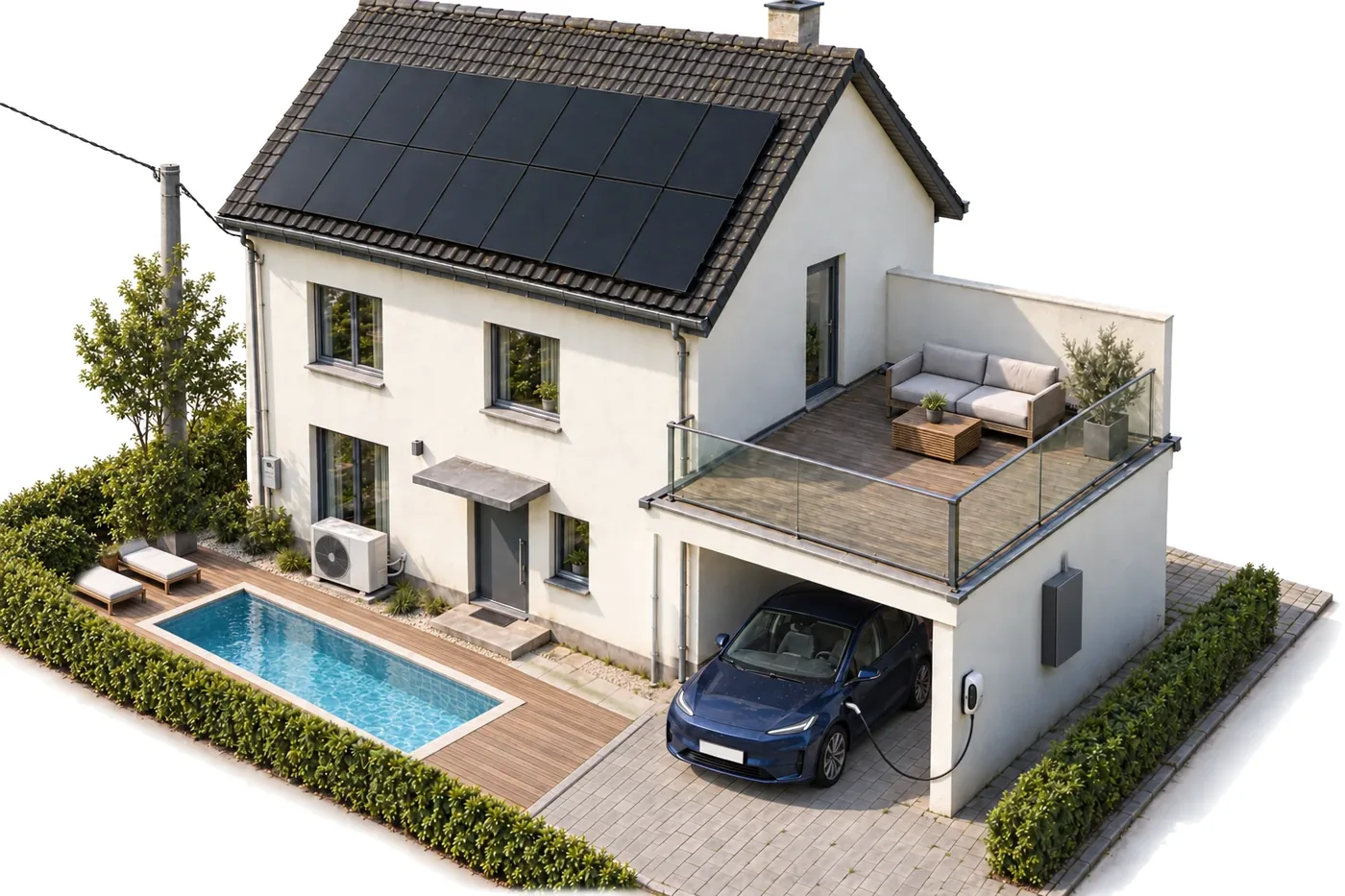 La maison de l'application : panneaux sur le toit, batterie, pompe à chaleur, voiture à la borne, piscine
