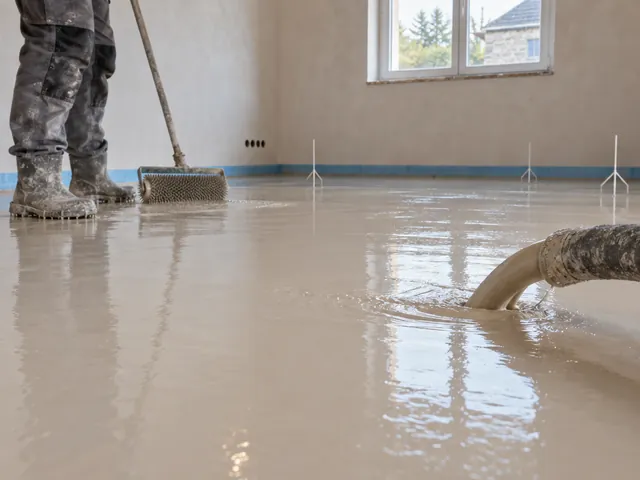 Chape fluide coulée sur le sol d'une pièce vide, avant le carrelage (image de synthèse)