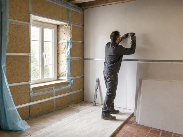 Isolation d'un mur par l'intérieur : l'artisan visse les plaques de plâtre sur les rails, l'isolant et la membrane encore visibles à côté de la fenêtre