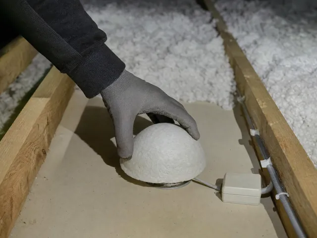 Avant le soufflage : un capot de protection posé sur un spot encastré, le câble raccordé à sa boîte, la gaine fixée contre la solive