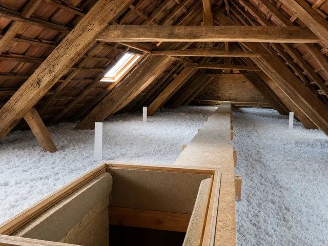 Combles perdus après soufflage : laine régulière, piges plantées dans l'isolant, chemin de circulation et trappe rehaussée