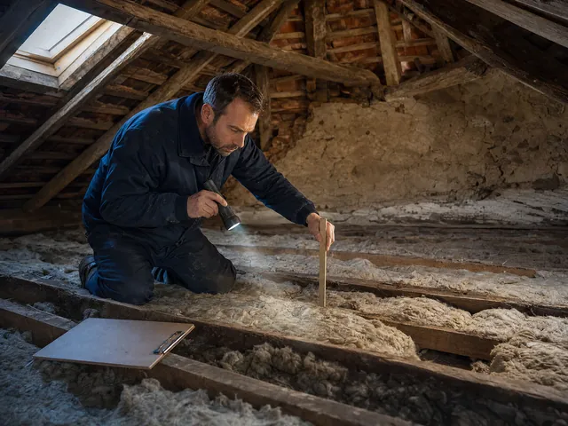 Visite de combles perdus : un technicien mesure à la lampe l'épaisseur d'un vieil isolant tassé entre les solives