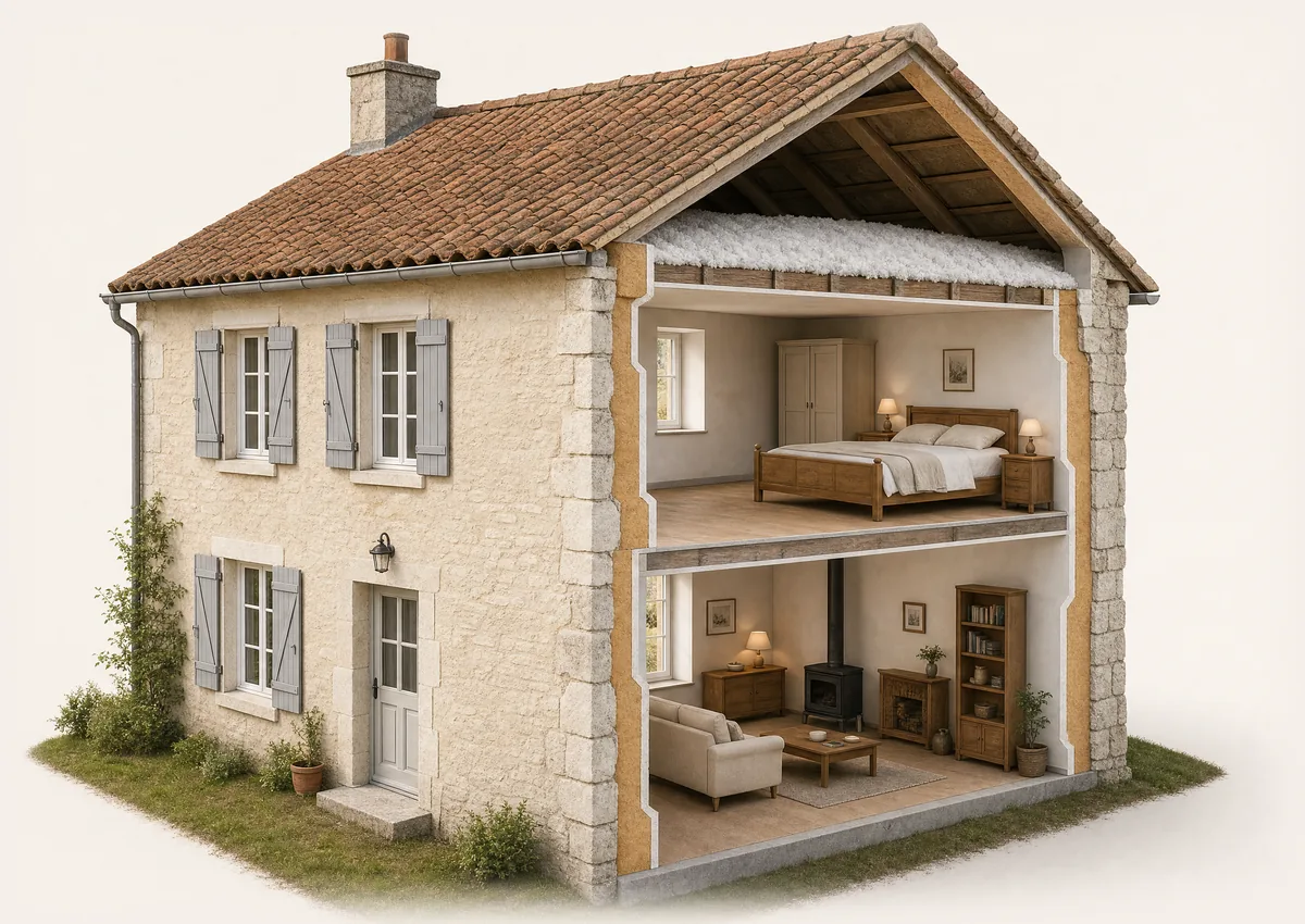 Maison en pierre en coupe : de la laine soufflée sur le plancher des combles, un isolant contre l'intérieur des murs, la chambre et le séjour