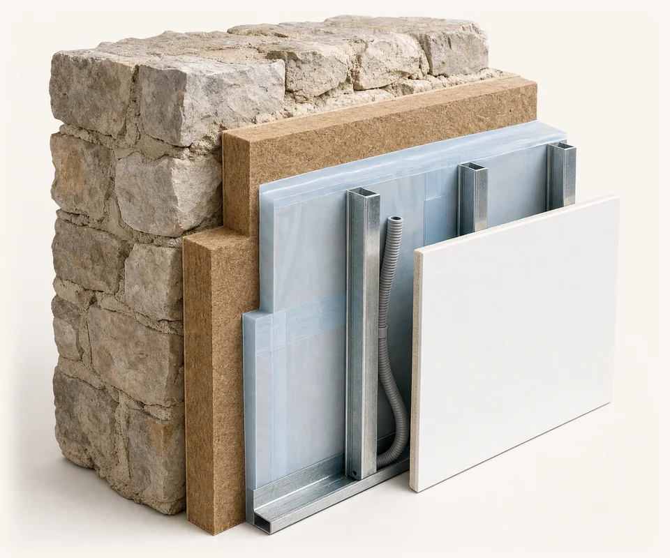 Coupe d'un mur en pierre isolé par l'intérieur, en escalier : moellons et mortier de chaux, fibre de bois, frein-vapeur bleu, rails métalliques et gaine électrique, plaque de plâtre