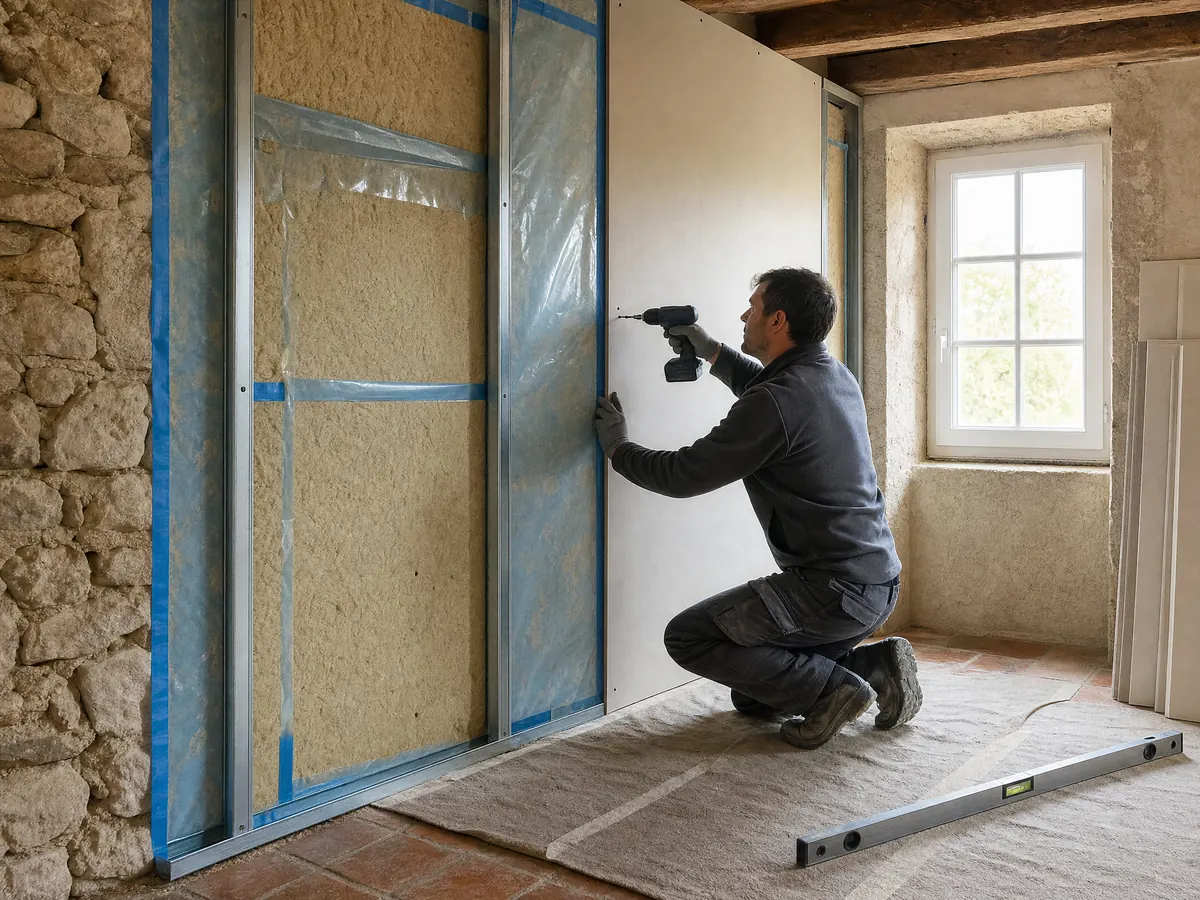 Isolation d'un mur en pierre par l'intérieur : fibre de bois et membrane derrière des rails, un artisan visse la plaque de plâtre