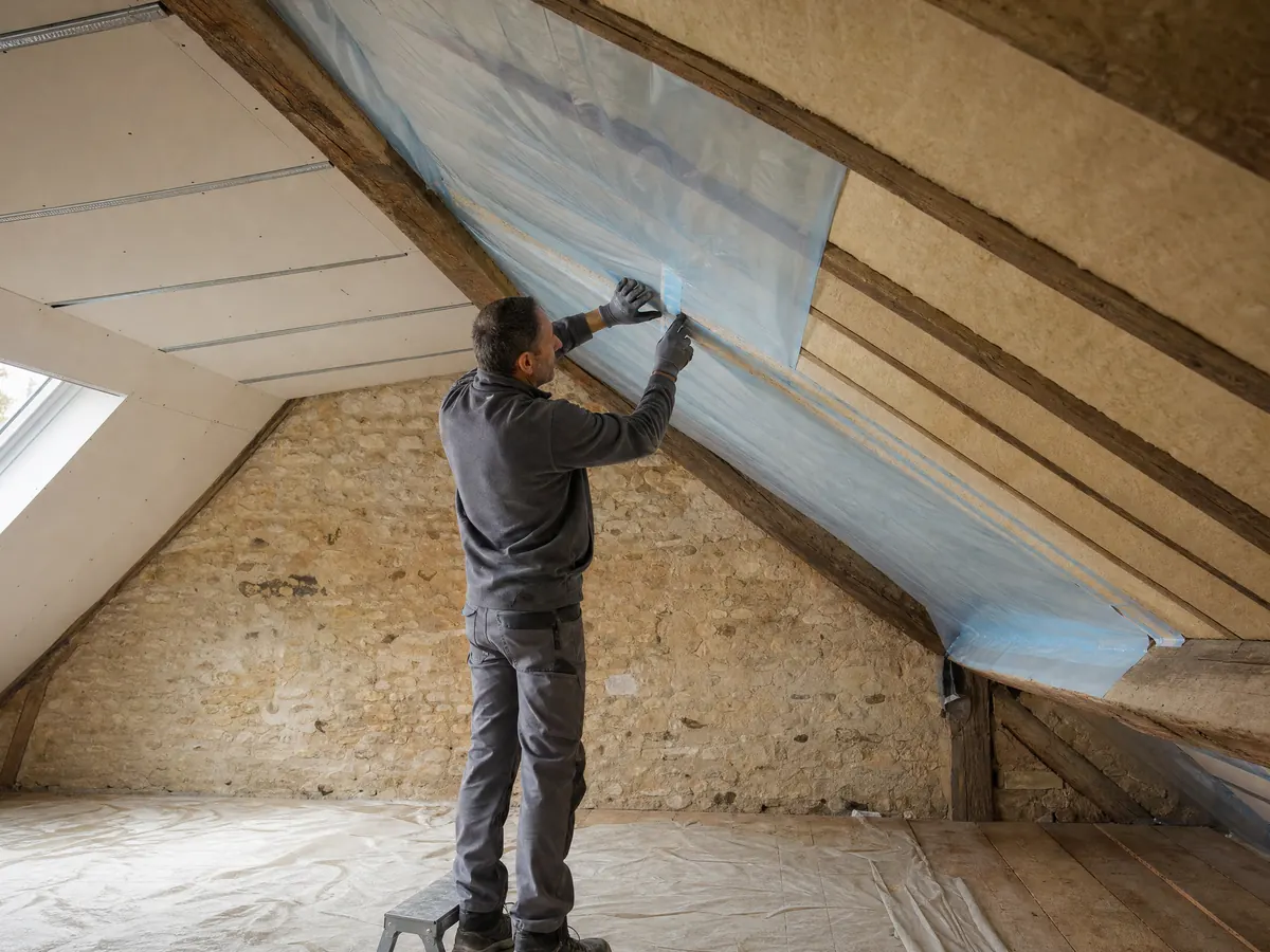 Isolation sous rampants : un artisan scotche le frein-vapeur sous les chevrons, l'isolant posé entre eux, une pente déjà fermée en plaques de plâtre