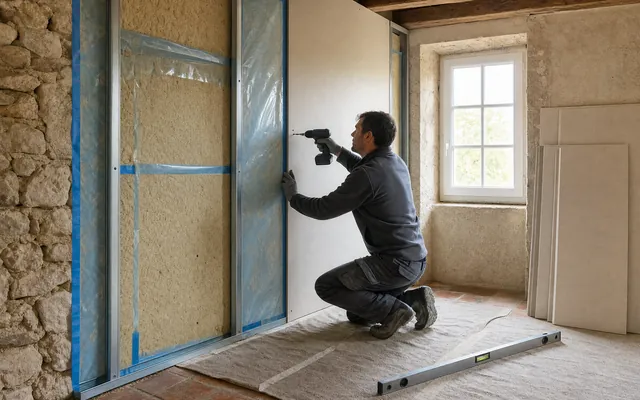 Mur en pierre isolé par l'intérieur : fibre de bois, membrane et plaque de plâtre vissée sur rails