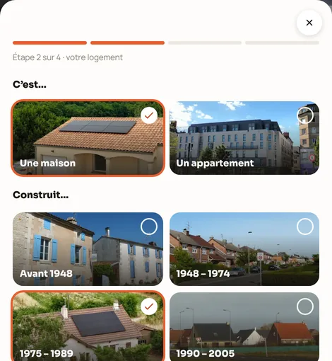 Capture du simulateur chauffage : le logement, une maison ou un appartement, et son année de construction en photos