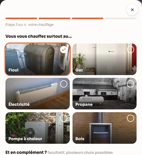 Capture du simulateur chauffage : l'énergie de chauffage d'aujourd'hui en photos (fioul choisi) et les chauffages d'appoint