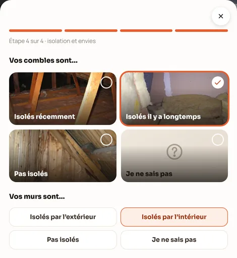 Capture du simulateur chauffage : l'isolation des combles, des murs et des fenêtres