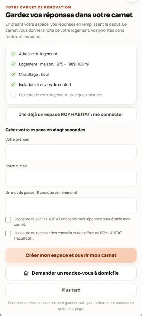Capture de la fin du simulateur chauffage : « Gardez vos réponses dans votre carnet », la création de l'espace et la demande de rendez-vous à domicile