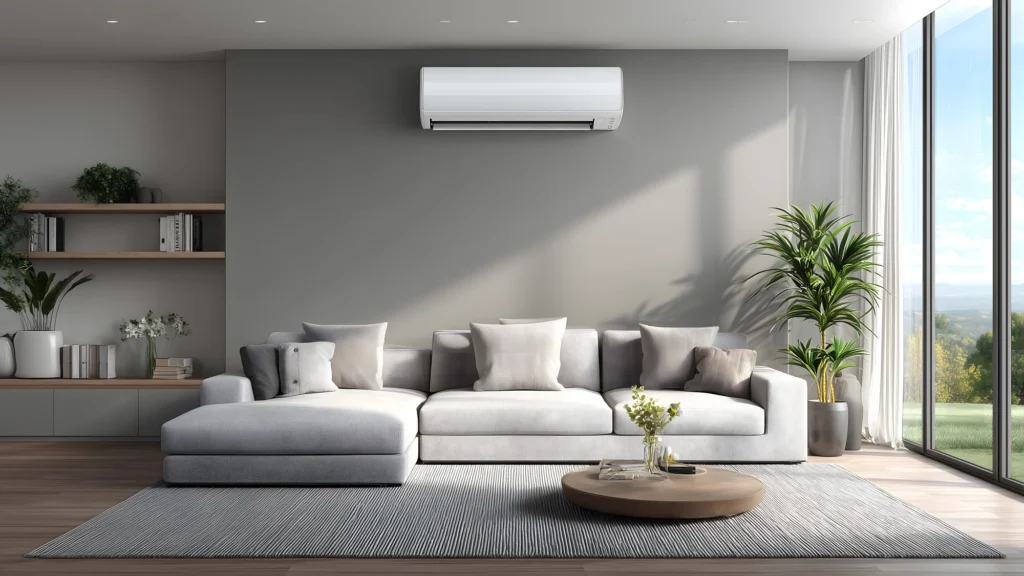 Climatisation réversible murale (PAC air/air) au-dessus d'un canapé dans un salon lumineux