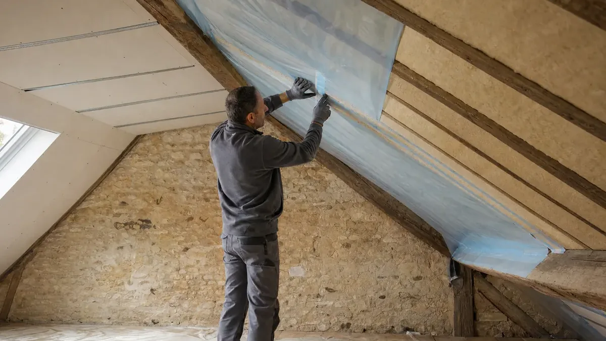Sous un rampant, un artisan scotche la jonction de deux lés de frein-vapeur posés sous l'isolant, contre un mur en pierre