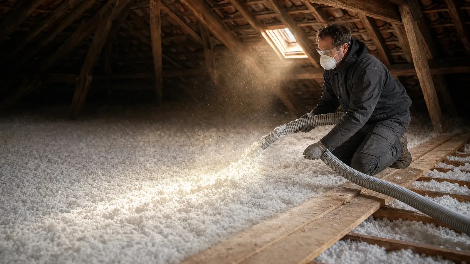 Isolation de combles perdus par soufflage : l'isolant en flocons est projeté par un tuyau sur le plancher du grenier