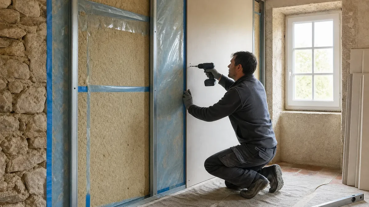 Mur en pierre isolé par l'intérieur : panneaux de fibre de bois contre la pierre, membrane frein-vapeur, rails et plaque de plâtre